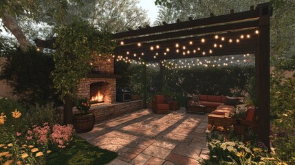 Fototapeta premium Cozy Outdoor Patio with Fire Pit and String Lights
