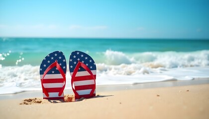 Obraz premium American flag flip flops on the sandy beach with sea background.