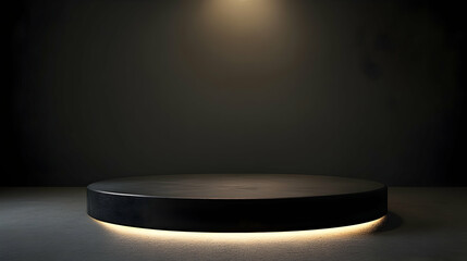 Illuminated Black Platform: a sleek black circular platform, dramatically illuminated by a focused overhead light source, creating an intense atmosphere. Generative AI 