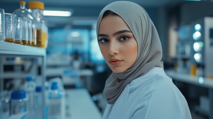Female Scientist in Hijab Conducting Lab Research