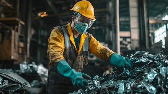 Industrial Scrap Yard: a scrapyard worker in protective gear sorting through piles of metal scrap, showcasing sustainability in the recycling industry.AI Generated 