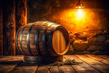 Rustic Low Light Photography of a Wooden Barrel on a Weathered Table, Capturing the Warmth and Texture of Natural Wood in an Atmospheric Setting