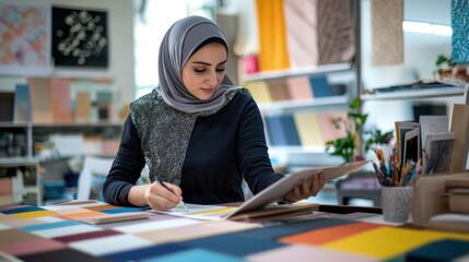 Female Designer in Hijab Reviewing Color Samples - Powered by Adobe