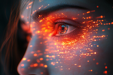 A woman's face is covered in glowing, colorful sparks