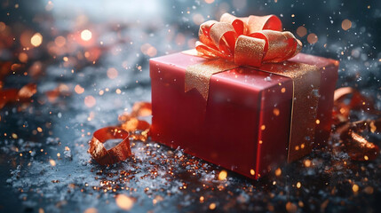 festive red gift box with golden ribbon and confetti on a dark background