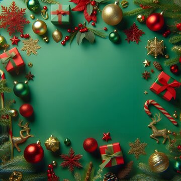 A vibrant green backdrop featuring red and gold Christmas decorations