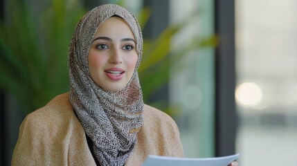 Woman in Hijab Presenting Financial Report