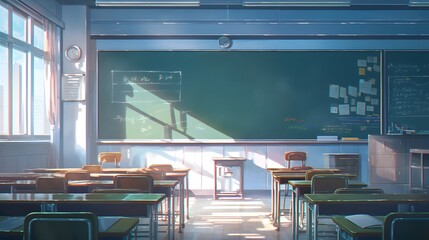 College lecture hall with chalkboard, empty desks, and chairs, in anime style with soft lighting to create a calm educational setting.