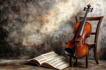 Violin and sheet music on a wooden chair