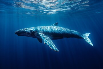 Fototapeta premium A humpback whale swims gracefully through the clear blue water, sunlight streaming down from above.