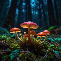 Fototapeta premium fairy forest in the middle of the night, there are very beautiful mushrooms, macro shot, colorful details, natural light, amazing composition.