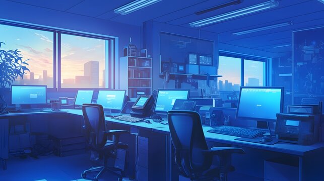 Computer lab with organized workstations, anime style with gentle lighting for a calm and focused workspace.