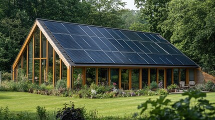 Sustainable Home with Solar Panels and Greenery