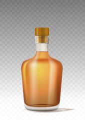 Realistic alcohol bottle. Alcoholic package. Menu for pub or bar. Bottle for brandy or cognac, liquor. Template and layout. 3D vector illustration
