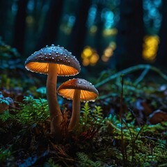 Fototapeta premium fairy forest in the middle of the night, there are very beautiful mushrooms, macro shot, colorful details, natural light, amazing composition.