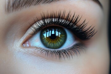 Detailed shot of an eye looking upwards, with soft natural lashes and detailed skin textures