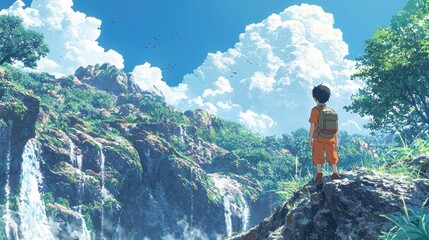 Obraz premium A young boy stands on a cliff overlooking a cascading waterfall in a lush green forest.