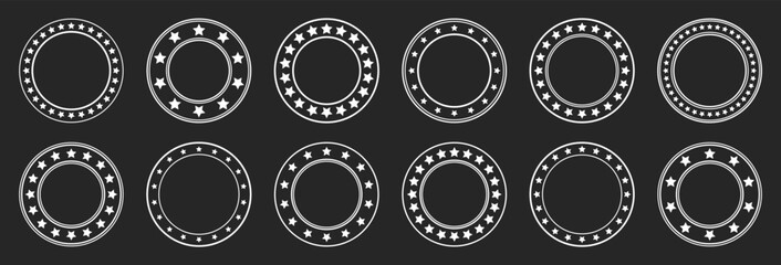 Stars of various sizes arranged in a circle. Round frame, border. Black star shape, simple symbol. Vintage logo, logotype design element, ornament. Vector illustration