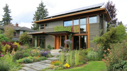 Fototapeta premium Modern Home with Solar Panels and Lush Garden
