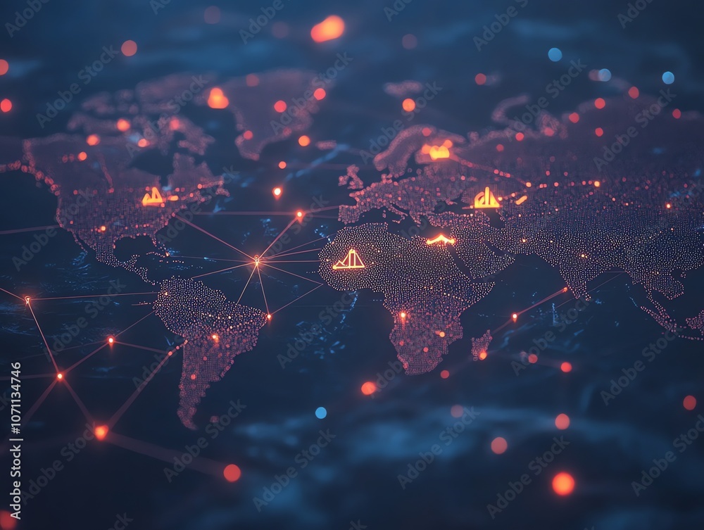 Aufkleber Abstract digital world map with glowing lines and dots representing global connections and data flow.
