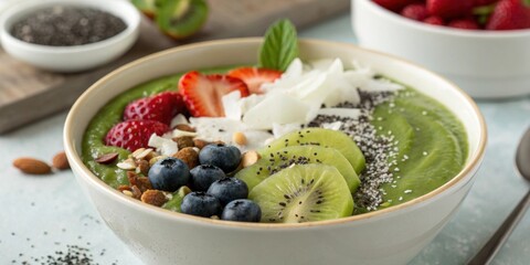 A closeup of a smoothie bowl its surface smooth and vibrant from blended greens and fruits garnished with chia seeds and coconut flakes.