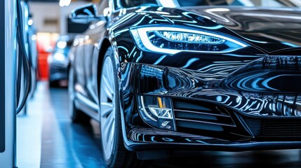 Sleek Black Car in Modern Showroom Environment
