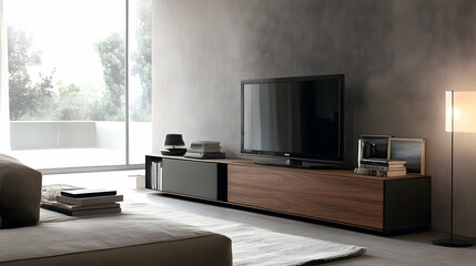 Modern Living Room: A television set on a stylish wooden TV stand in a minimalist living room, highlighting clean lines and simplicity.Generated with AI 
