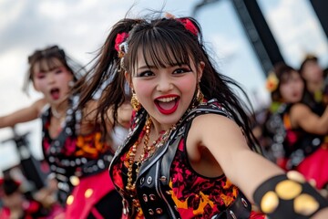 Group of dancers performing on a festival stage, with colorful costumes and lively expressions