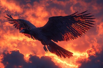 A majestic eagle soars through a fiery sunset sky.