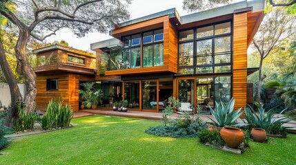 Modern Wooden House Surrounded by Lush Greenery
