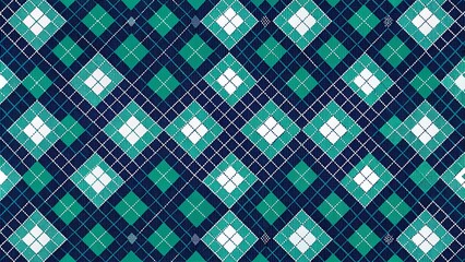 Fototapeta premium Seamless Argyle Pattern in Dark Navy Blue, Teal Green, White with Aquamarine Green Stitch - Perfect for Textiles, Fashion, and Interior Design Projects