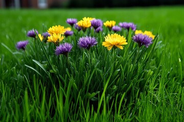 Fototapeta premium Meadow of wild grass mixed with purple and yellow flowers, creating a colorful spring landscape