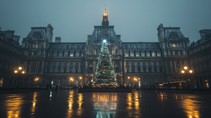 Obraz premium Christmas Tree in City Hall Square at Night