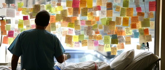 Patients wearing hospital gowns read post-it notes with encouraging messages