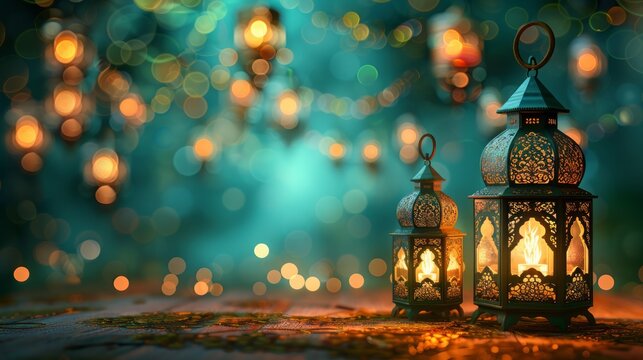 Translation : Happy Eid al Fitr. 3D Realistic Balloon IDUL FITRI means Eid al Fitr. Eid Mubarak Poster Design with Ketupat and Lantern