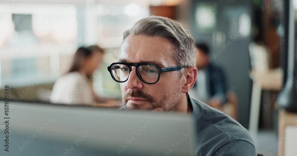 Poster Computer, glasses and reading with business man in office for administration, report or research. Desktop, programming and thinking with mature employee in creative workplace for web development