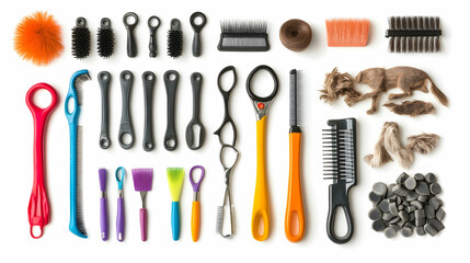 Pet Grooming Equipment: Collection of grooming tools for pets, isolated on white.Generated by AI 