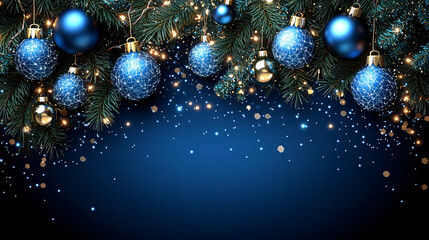 A festive arrangement of blue Christmas ornaments and sparkling lights on evergreen branches, set against a deep blue background.