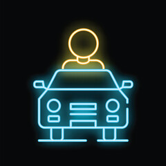 Bright neon icon of a person driving a car, glowing on a black background