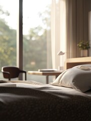 Fototapeta premium Tranquil Modern Hotel Room with Large Windows