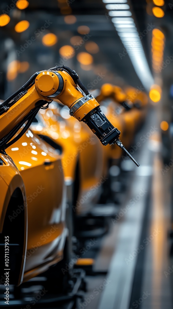 Poster A robotic arm with a drill bit is working on the assembly line of a car factory.