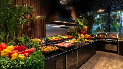 Indoor buffet setup with vibrant fruits, grilled meats, and colorful vegetables
