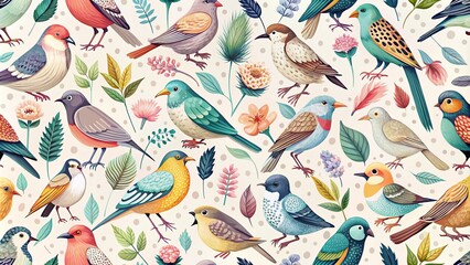 Naklejka premium Seamless Vector Pattern Featuring Delicate Stylized Birds in Pastel Colors on a White Background for Ornithological Textures and Delicate Backgrounds
