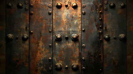 Fototapeta premium Riveted Metal Background: a rustic metal background adorned with rivets and a weathered patina, ideal for industrial-themed projects.Generated by AI 