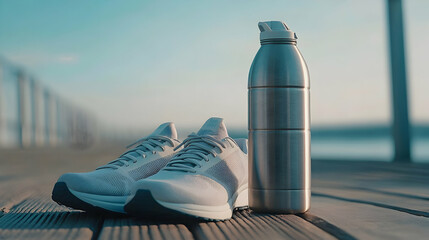 Running Essentials: a pair of running shoes next to a water bottle, symbolizing the importance of hydration and exercise in a fit lifestyle.Generated by AI 