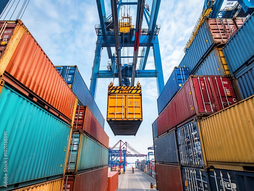 Poster A crane lifts a container at a busy shipping port, with rows of colorful containers stacked high on either side.