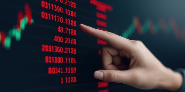 A hand pointing at stock market data displayed on a digital screen.