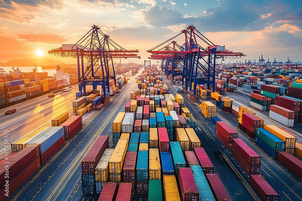 Poster aerial view of a busy container port with cranes and cargo ships at sunset.