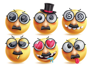 Old man emoji vector characters set. Emojis clip art with mascot wearing mustache and sunglasses in serious, dizzy, funny, kiss, in love and tired facial expressions emoticons character. Vector 