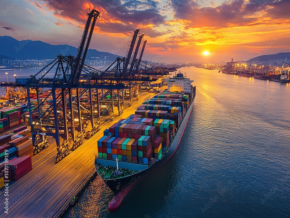 Poster a large cargo ship loaded with colorful shipping containers is docked at a busy port at sunset. the 